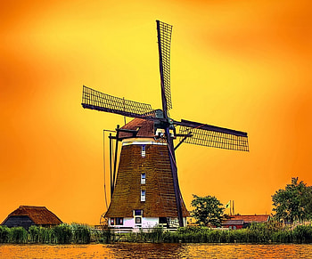 Windmill, nature, country, sunset HD wallpaper