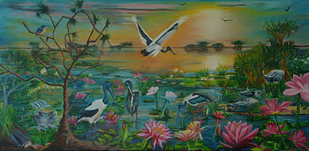 Sunset, carole higgins, art, bird, pictura, flower, water, lotus, painting HD wallpaper