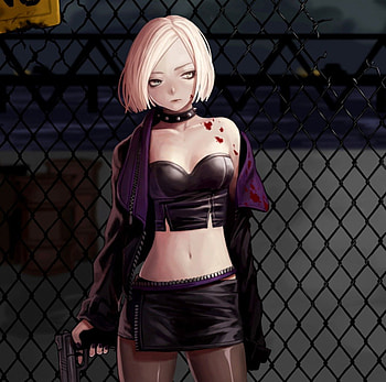GunSlinGer, blond hair, emotional, blonde, gloom, mad, fence, sinister, short hair, blonde hair, gun, blood, warrior, female, sexy, blond, pistol, hot, girl, gloomy, anime girl, anime, serious, weapon, angry HD wallpaper