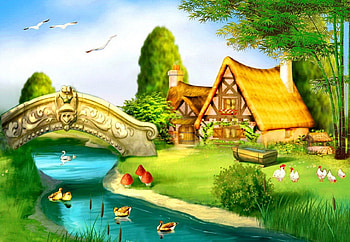 Paradise home, river, cartoon, creek, birds, nice, shore, reflection, trees, water, pond, house, paradise, beautiful, grass, cabin, summer, ducks, pretty, bridge, nature, sky, cottage, lovely, countryside, home, stream HD wallpaper