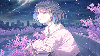 Spring Night Sakura -, city, spring, cherry blossom, night, sakura, Anime, girl, anime girl, anime night, Spring Anime, anime city HD wallpaper