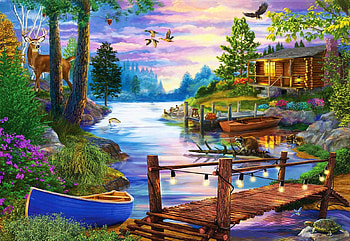 Footbridge, river, eagle, raccoon, cabin, artwork, turtle, ducks, painting, boats, deer, trees, nature HD wallpaper
