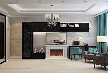Elegant modern interior living room with fireplace and stylish decor. HD wallpaper