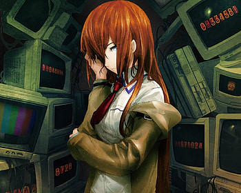 Makise Kurisu, emotional, pc, cute, steins gate, long hair, monitor, digital, sinister, female, plain, sexy, hot, girl, close up, sad, anime girl, simple, anime, serious, brown hair, computer, angry HD wallpaper