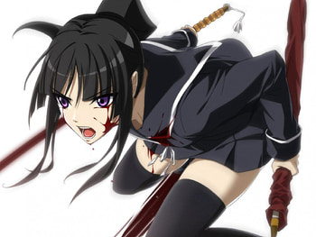 Yomi Isayama, yomi, uniform, white background, purple eyes, scabbard, ga rei zero, blood, female, sword, thigh highs, girl, black hair, isayama yomi, anime, weapon, ga-rei zero, stockings HD wallpaper