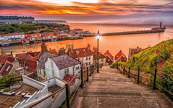 Sunset in Whitby, UK, lantern, United Kingdom, houses, harbor, sunset HD wallpaper