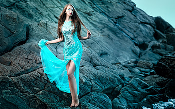 Brunette, model, stone, girl, water, hair, legs HD wallpaper