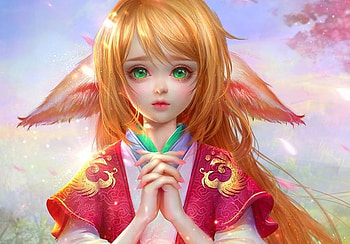 Cute fox girl, blonde, cute, girl, fox, hand, pink, fantasy, ears, redhead, luminos HD wallpaper