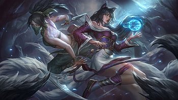 Ahri and Akali, akali, league of legends, couple, ahri, girl, fox, nine tails, saharat buarawong, art, lol HD wallpaper