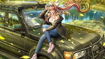 Brown Long Hair Anime Girl Is Sitting On Car Wearing Green Jerkin Blue Jeans Anime Girl HD wallpaper