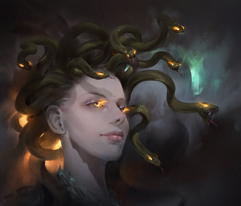 Medusa, snake, art, girl, rafal gorniak, dark, gorgone, fantasy, yellow, luminos HD wallpaper
