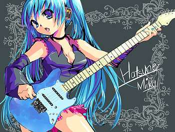 Hatsune Miku, awesome, musician, nice, hatsune, sexy, blue eyes, twintail, hot, blue hair, girl, headset, aqua, rocker, anime, pretty, virtual, blue, black, song, heads, guitar, cute, vocaloid, beauty, miku, music, instrument, vocaloids, thighhighs, skirt, beautiful, diva, gray, cool, idol HD wallpaper