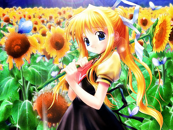 Anime girl in sunflower field, anime, field, flower, garden, girl, sunflower HD wallpaper