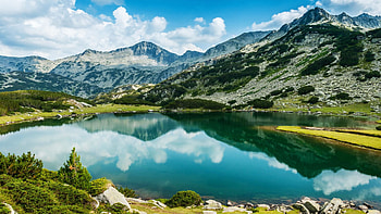 Pirin National Park, Bulgaria, trees, clouds, landscape, sky, water, mountains, lake, reflections HD wallpaper