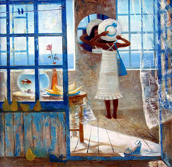 Юлия Петрова, mirror, painting, art, fish, hat, woman HD wallpaper