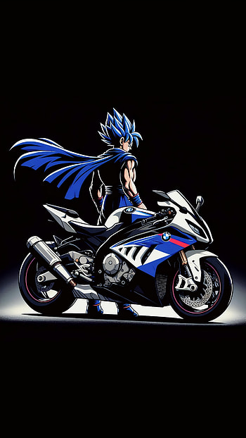 Goku posing next to a BMW S1000RR . Goku's rocking blue hair and a cape, Goku, Dragon Ball Z, Anime, blue, blue anime HD phone wallpaper