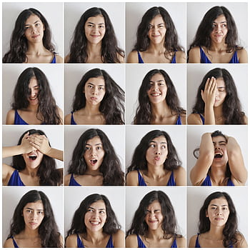 A collage featuring a woman displaying various emotions against a white backdrop. HD phone wallpaper