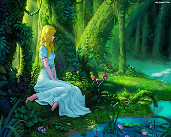 Sitting Pretty, river, sitting, fantasy, trees, flowers, woman HD wallpaper