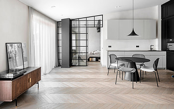 stylish apartment design, living room kitchen, retro furniture, living room idea, black kitchen furniture HD wallpaper
