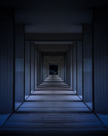 A dramatic view of a modern hallway with symmetrical columns creating an infinite perspective. HD phone wallpaper