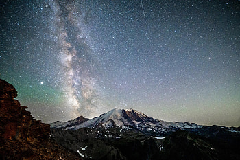 Mt Rainier Under The Nights Sky , mountains, sky, stars, galaxy, nature HD wallpaper