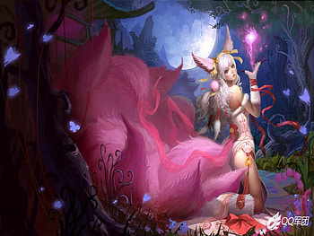 Ahri, girl, fox, beauty, woman, pink, fantasy, light, magical, league of legends, game, nine tails HD wallpaper