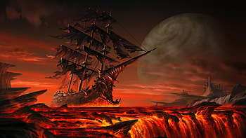 death ship, falls, ship, moon, lava, death HD wallpaper