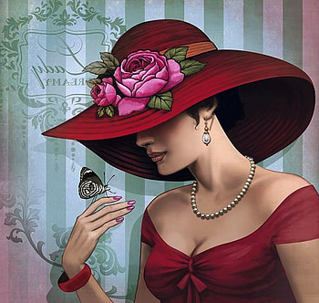 fashion hat, fashion, art, red, paintings, models, beauty HD wallpaper