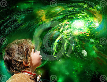 A child looks galaxy, greeny, space, galaxy, child HD wallpaper