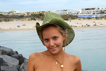 Cowgirl ~ Katya Clover, model, water, blonde, hat HD wallpaper