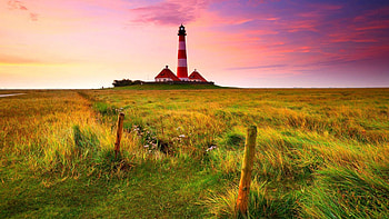 beautiful tall red and white lighthouse, lighthouse, poles, grass, tall, sunset HD wallpaper