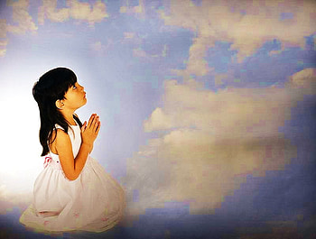 Giving Thanks, blue sky, white dress, prayer, clouds, girl, kneeling HD wallpaper