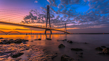 Bridge over the sea, Serene scenery HD wallpaper