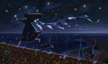 Midnight Breeze: Anime Girl and Cat on Rooftop in Night Townscape, town, roof, night, cat, Anime, girl, anime girl, anime cat, anime night HD wallpaper