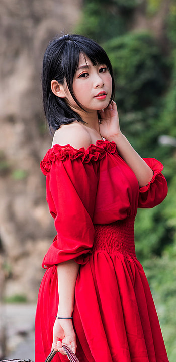 red dress, black hair, woman, asian HD phone wallpaper