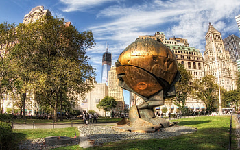 the sphere at battery park new york city r, skyscrapers, city, sphere, r, park, statue HD wallpaper