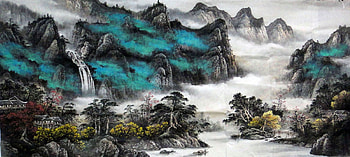 Blue Mountain Misty Skies, mist, blue, white, painting, drawing, mountains, waterfal HD wallpaper
