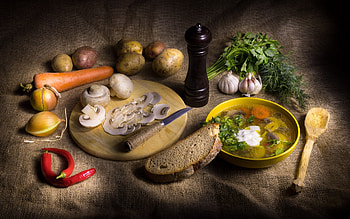 Soup Still Life, still life, bread, soup, vegetables, mushrooms HD wallpaper