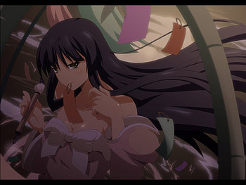 touhou, purple, yelow, blue eyes, yeah, blsuh, black hair, long hair HD wallpaper