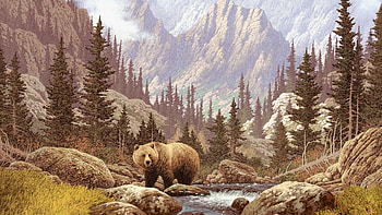 artwork painting, river, bear, trees, pines, grizzley, mountains, rocks, stones HD wallpaper