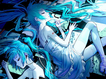 Hatsune Miku, resting, twins, girl, vocaloid, long hair, twin tails, sleeping, dress, dark, anime, light HD wallpaper