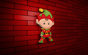 Xmas Elf, , red brickwall, Christmas decorations, 3D Xmas Elf, Happy New Year, Merry Christmas, 3D art, 3D Elf, xmas decorations, Elf icon HD wallpaper