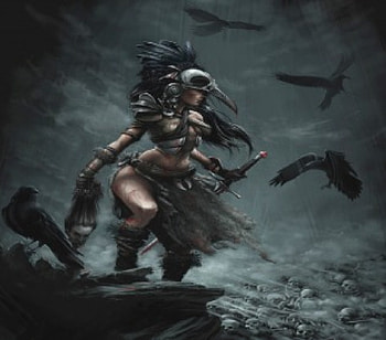Crow Warrior, sword, rain, crows, head, woman, skulls HD wallpaper