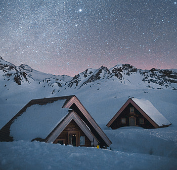 Winter, landscape, houses, mountains HD wallpaper
