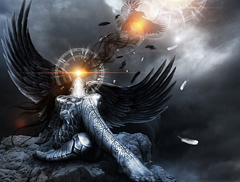 Dark angel, wings, raven, pose, fantasy, sparks, angel, dark HD wallpaper