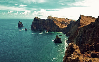 Madeira travels, Sea coast, Clouds sky rocks, Cliff stunning scenery HD wallpaper