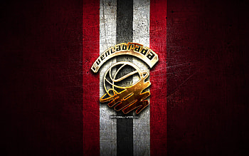Baloncesto Fuenlabrada, golden logo, ACB, red metal background, spanish basketball team, Baloncesto Fuenlabrada logo, basketball, Fuenlabrada HD wallpaper