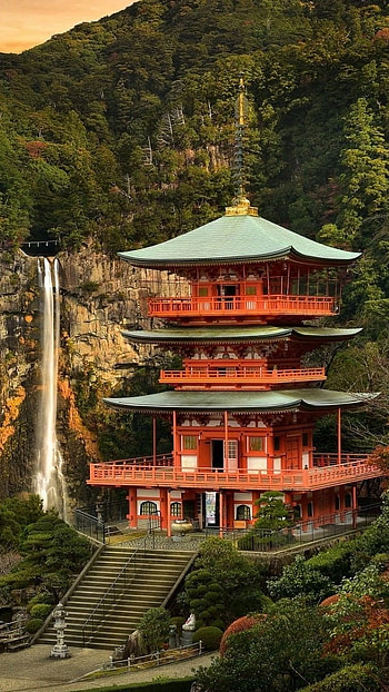 Red house with waterfall, red house, waterfall, nature, japan HD phone wallpaper