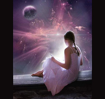 A night to dream, ledge, dreams, planet, sky, girl, stars, pink clouds HD wallpaper