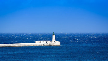 Lighthouse, blue, sea, summer, white, water HD wallpaper